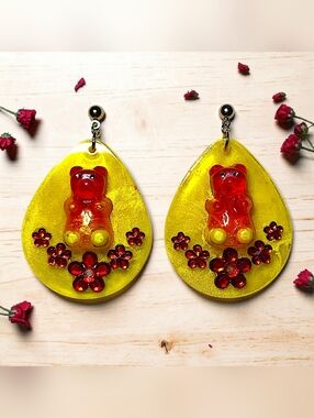 Nostalgic Red Gummy Bear & Rhinestone Flower Resin Drop Earrings